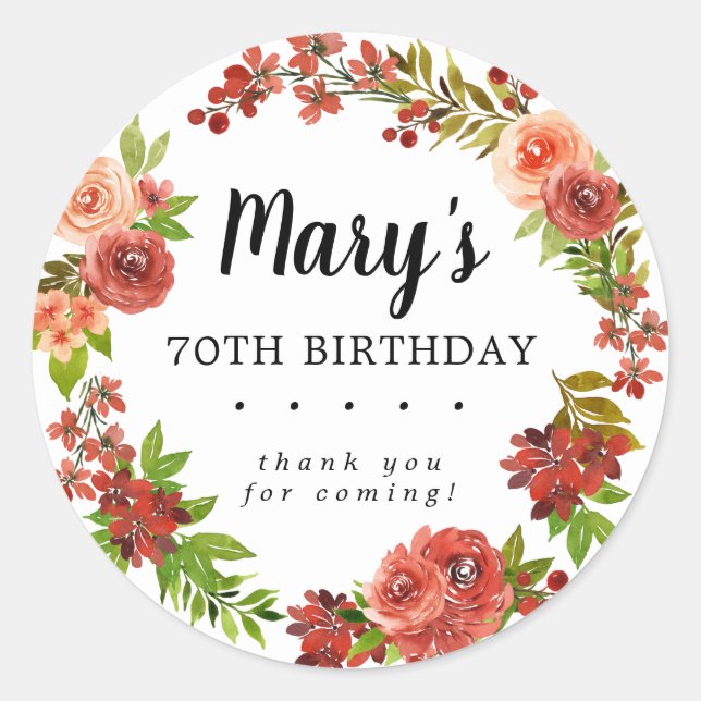 Rustic Autumn Floral 70th Birthday Thank You Classic Round Sticker (Front)