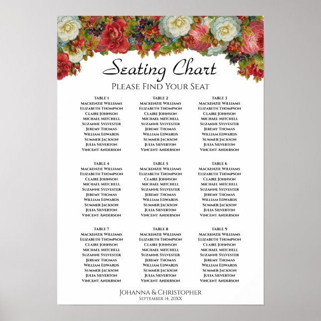 Rustic Autumn Floral 9 Table Wedding Seating Chart (Front)