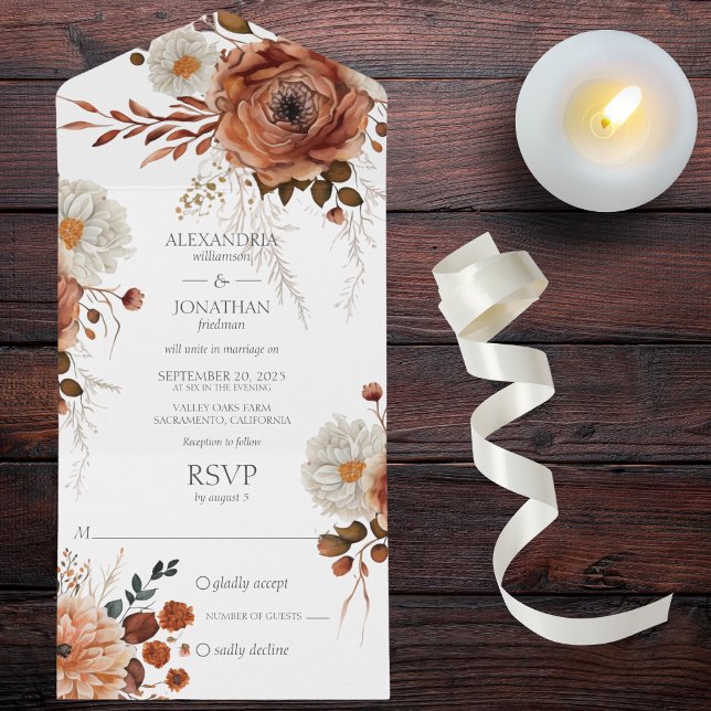 Rustic Autumn Floral All In One Invitation (Also available with QR code or dinner options. )