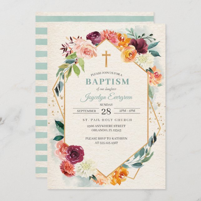 Rustic Autumn Floral Baptism Invitation (Front/Back)