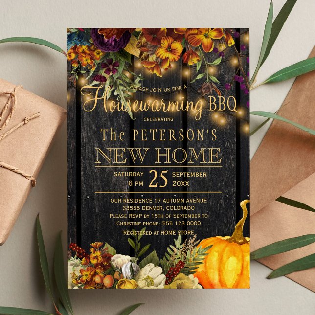 Rustic autumn floral barn wood housewarming bbq invitation (Creator Uploaded)