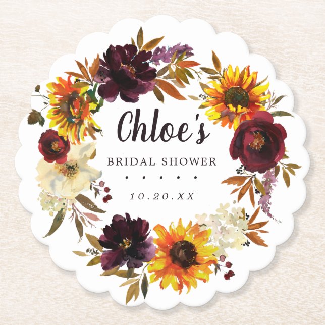 Rustic Autumn Floral Bridal Shower Paper Coaster (Front)