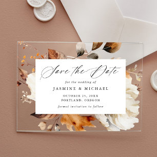 Rustic Autumn Floral Calligraphy Save the Date Acrylic Invitations