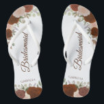 Rustic Autumn Floral Elegant Bridesmaid Wedding Flip Flops<br><div class="desc">These elegant wedding flip flops are a great way to thank and recognise your bridesmaids, while giving their feet a rest after a long day. The rustic autumn floral design features hand painted watercolor roses in shades of rust orange and coral peach fancy burnt umber coloured script lettering. The text...</div>
