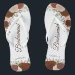 Rustic Autumn Floral Elegant Bridesmaid Wedding Flip Flops<br><div class="desc">These elegant wedding flip flops are a great way to thank and recognise your bridesmaids, while giving their feet a rest after a long day. The rustic autumn floral design features hand painted watercolor roses in shades of rust orange and coral peach fancy burnt umber coloured script lettering. The text...</div>