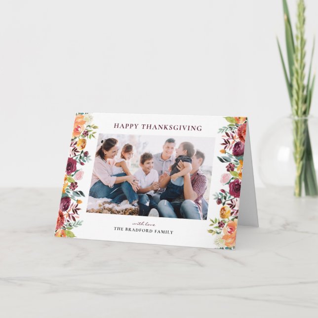 Rustic Autumn Floral Frame Happy Thanksgiving Holiday Card (Front)