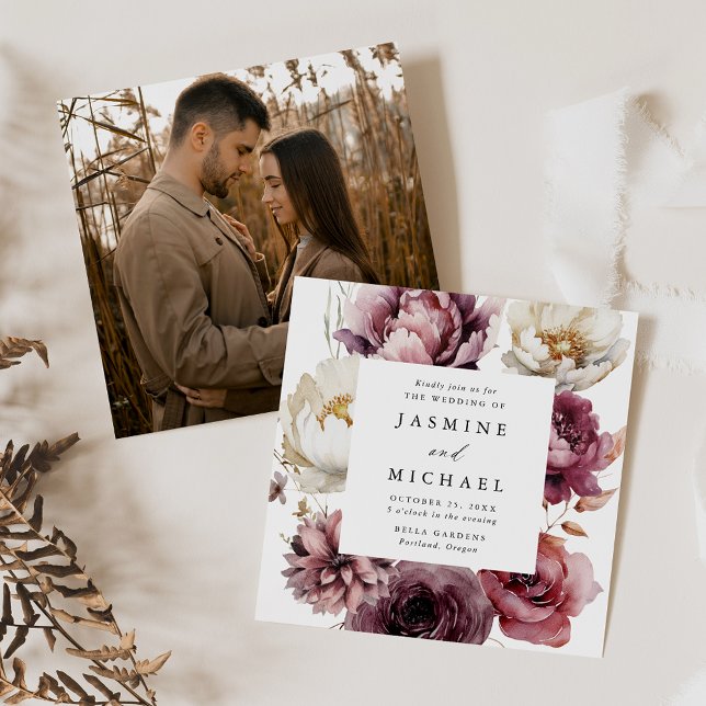 Rustic Autumn Floral Frame Square Photo Wedding Invitation (Creator Uploaded)
