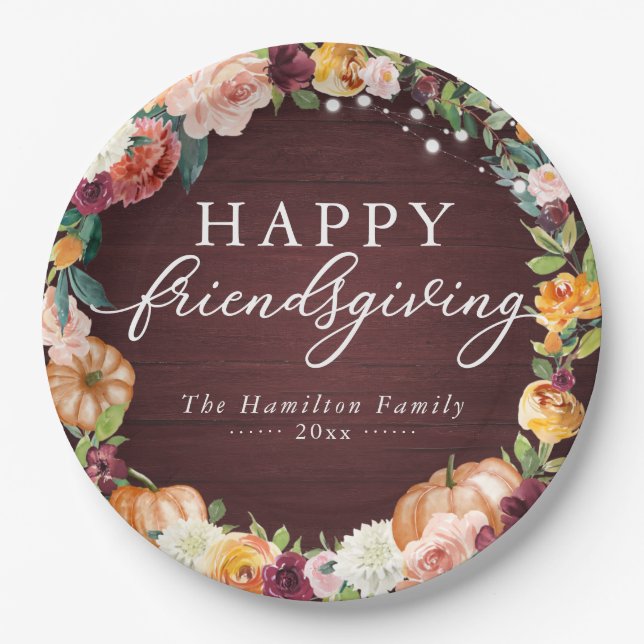 Rustic Autumn Floral Friendsgiving Dinner Paper Pl Paper Plate (Front)