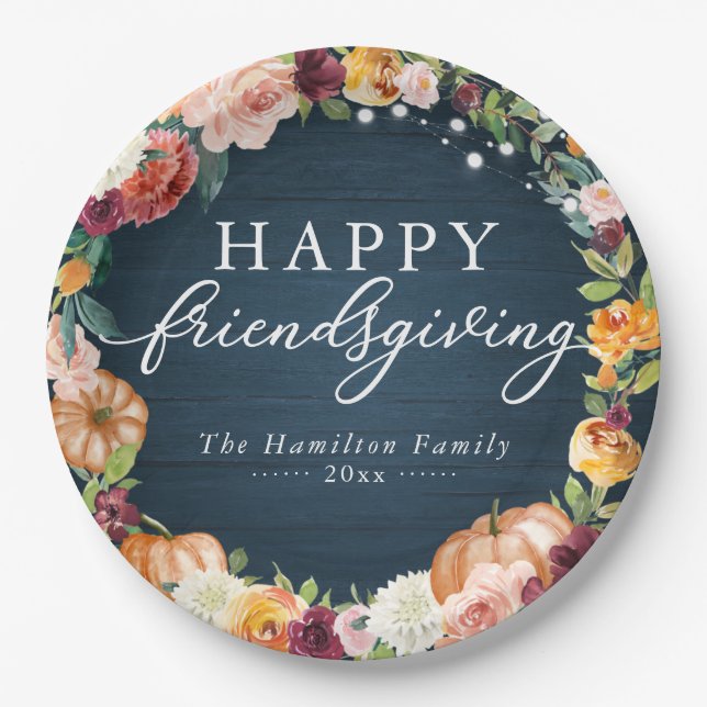 Rustic Autumn Floral Friendsgiving Dinner Paper Plate (Front)