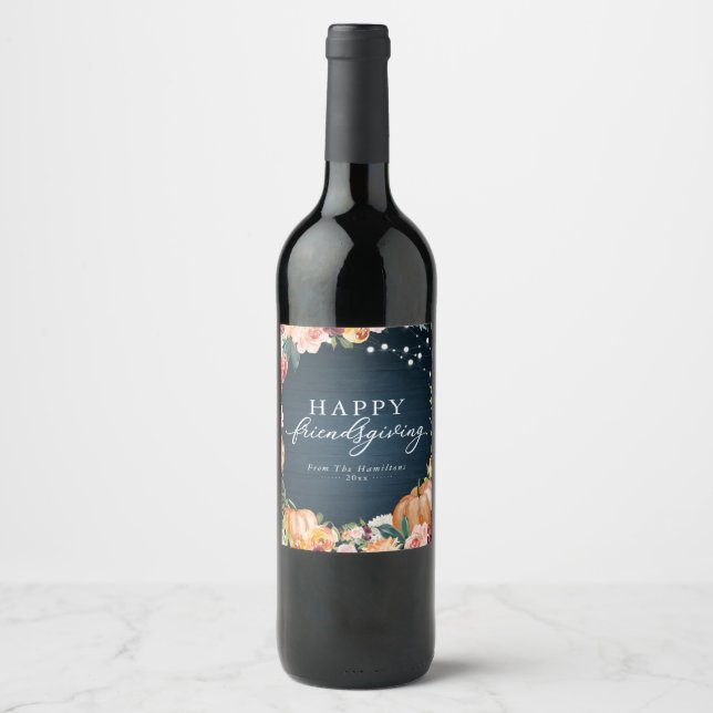 Rustic Autumn Floral Friendsgiving Dinner Wine Label (Front)