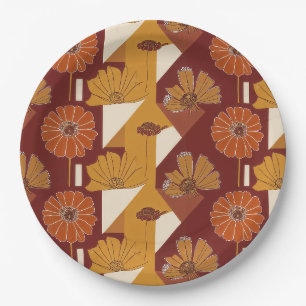 Rustic Autumn Floral Geometric Pattern Paper Plate