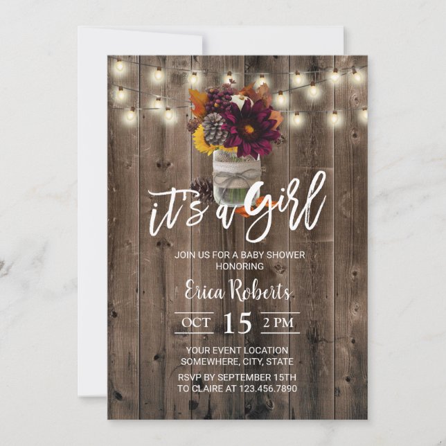 Rustic Autumn Floral Jar Barn Girl Baby Shower Invitation (Front)