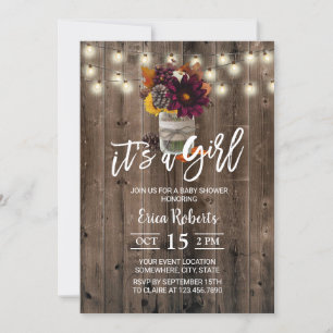 Rustic Autumn Floral Jar Barn Girl Baby Shower Invitation