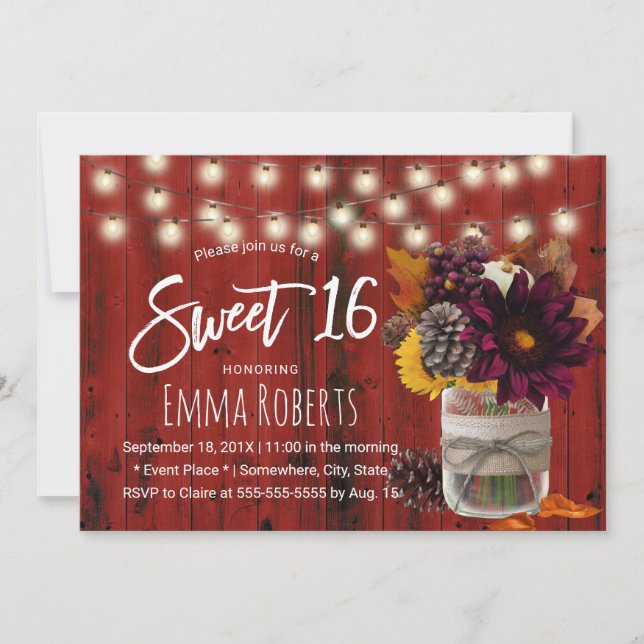 Rustic Autumn Floral Jar Red Barn Wood Sweet 16 Invitation (Front)