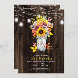 Rustic Autumn Floral Mason Jar Barn Wood Wedding Invitation