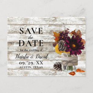 Rustic Autumn Floral Mason Jar Fall Save the Date Announcement Postcard