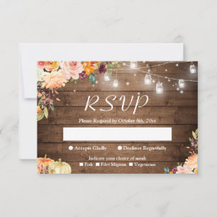 Rustic Autumn Floral Mason Jar Lights Wedding RSVP Card