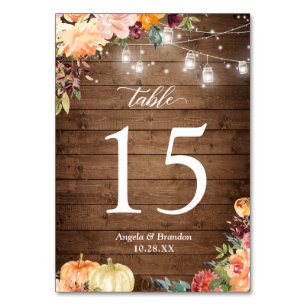 Rustic Autumn Floral Mason Jar Lights Wedding Table Number