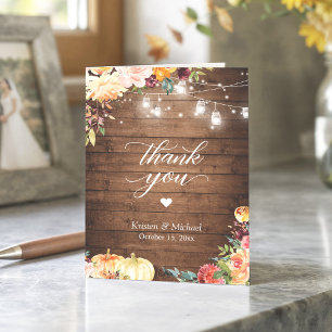 Rustic Autumn Floral Mason Jar Lights Wedding Thank You Card