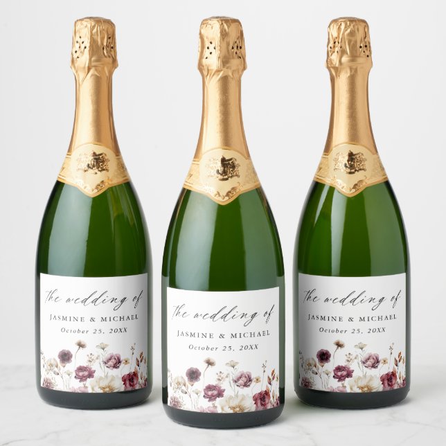 Rustic Autumn Floral Meadow Wedding Sparkling Wine Label (Bottles)