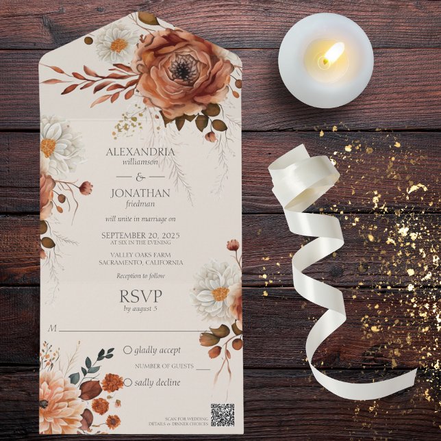 Rustic Autumn Floral on Beige QR Code  All In One Invitation (Also available without QR code or with dinner options. )