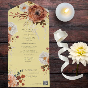 Rustic Autumn Floral on Gold QR Code  All In One Invitation