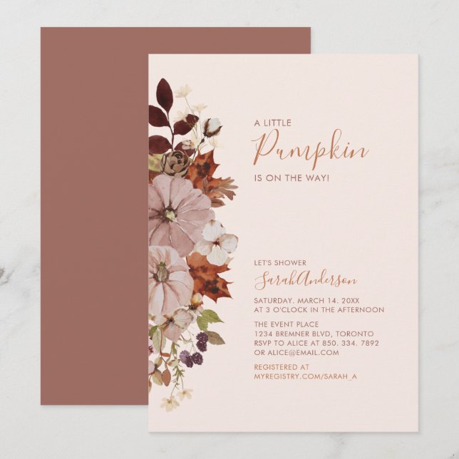 Rustic Autumn Floral Pumpkin Baby Shower Invitation (Front/Back)
