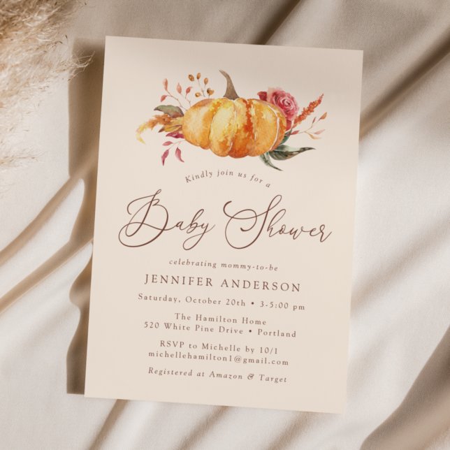 Rustic Autumn Floral Pumpkin Baby Shower Invitation (Creator Uploaded)