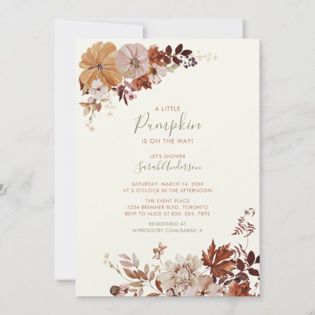 Rustic Autumn Floral Pumpkin Sage Baby Shower Invitation (Front)