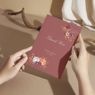 Rustic Autumn Floral Pumpkin Wedding Thank You Card