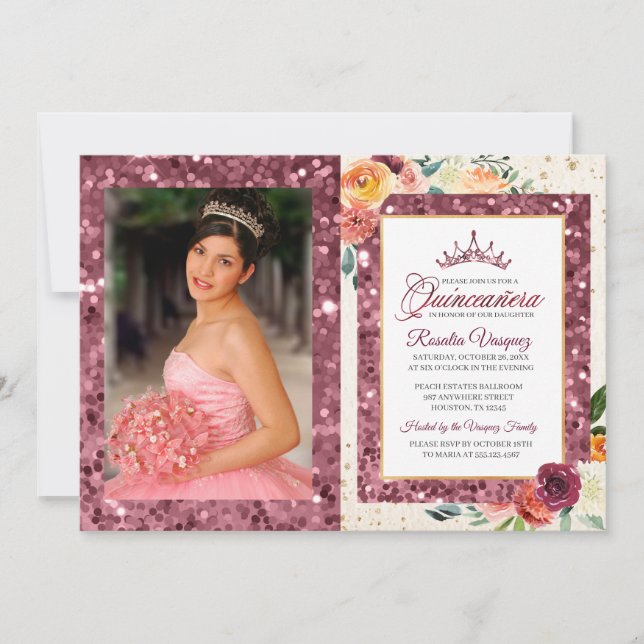 Rustic Autumn Floral Sequin Quinceanera Invitation (Front)
