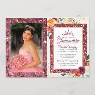 Rustic Autumn Floral Sequin Quinceanera Invitation
