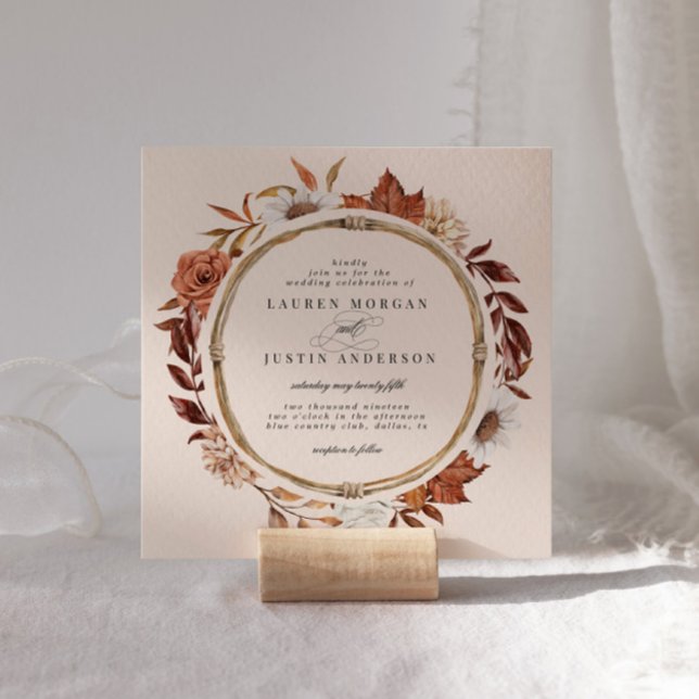 Rustic Autumn Floral Square Wedding Invitation (Creator Uploaded)