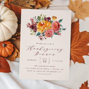 Rustic Autumn Floral Thanksgiving Dinner Invitation