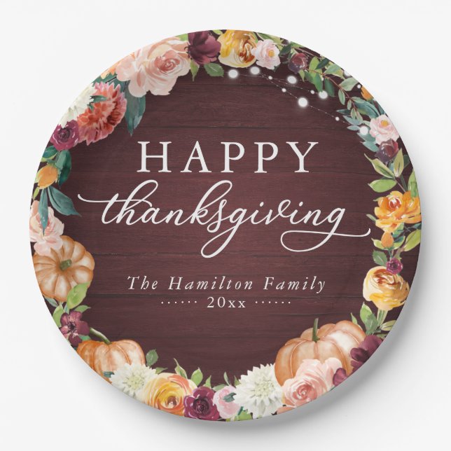 Rustic Autumn Floral Thanksgiving Dinner Paper Pla Paper Plate (Front)