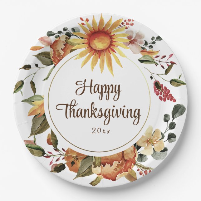Rustic Autumn Floral Thanksgiving Dinner Paper Plate (Front)