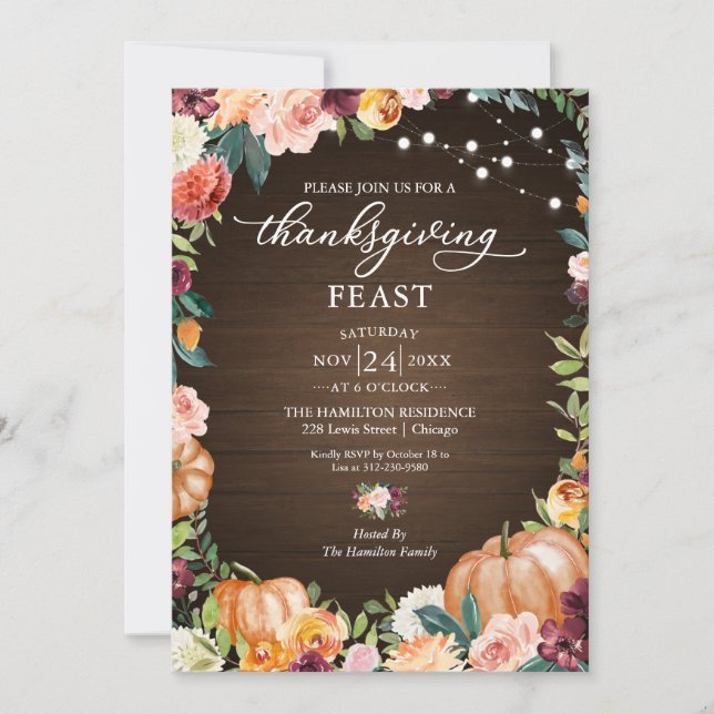 Rustic Autumn Floral Thanksgiving Feast Invitation (Front)