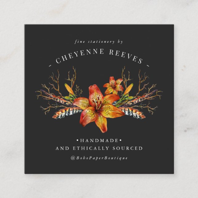 Rustic Autumn Floral | Watercolor Logo Square Business Card (Front)