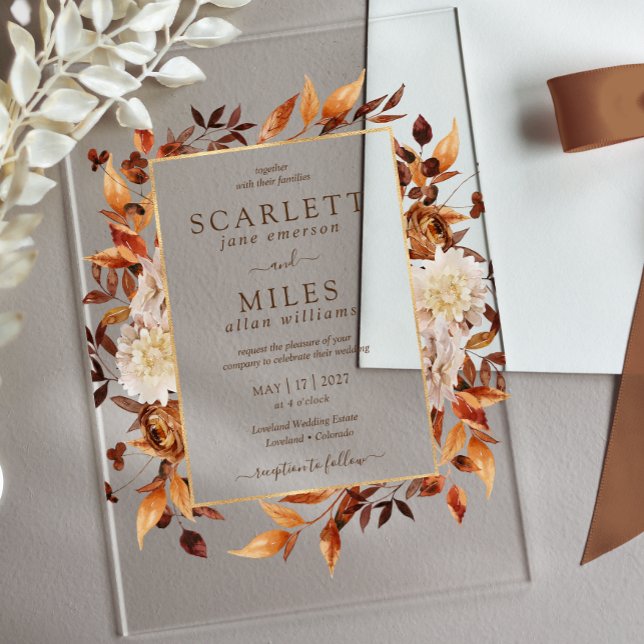 Rustic Autumn Floral Wedding Acrylic In Invitations (Rustic Boho Fall Wedding Acrylic Invitations by Painted Paperie
)