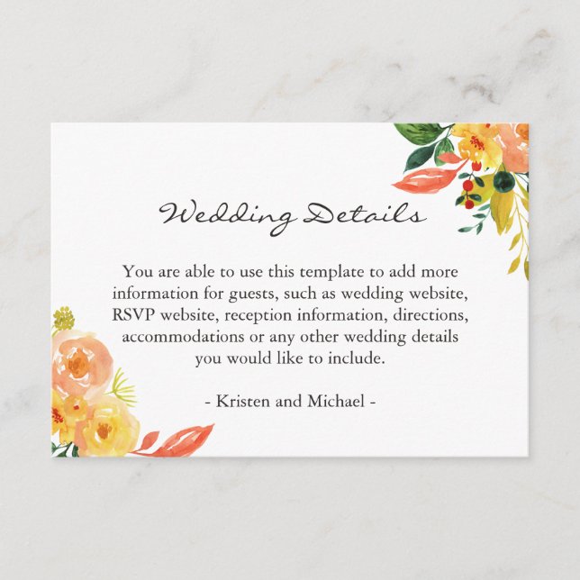 Rustic Autumn Floral Wedding Details Information Enclosure Card (Front)