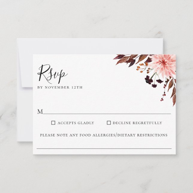Rustic Autumn Floral Wedding Food Allergy RSVP Card (Front)