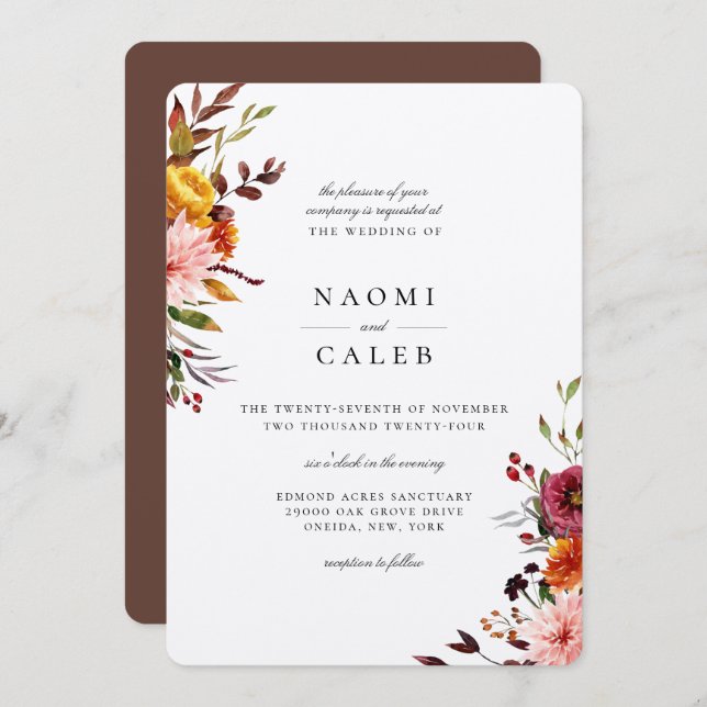 Rustic Autumn Floral Wedding Invitation (Front/Back)