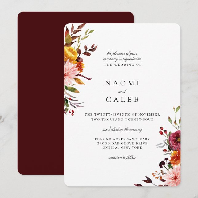 Rustic Autumn Floral Wedding Invitation (Front/Back)