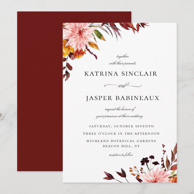 Rustic Autumn Floral Wedding Invitation (Front/Back)