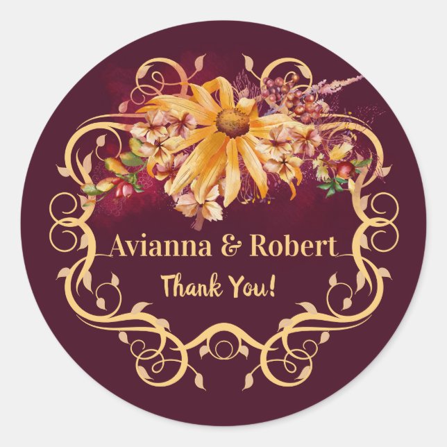 Rustic Autumn Floral Wedding Thank You Classic Round Sticker (Front)