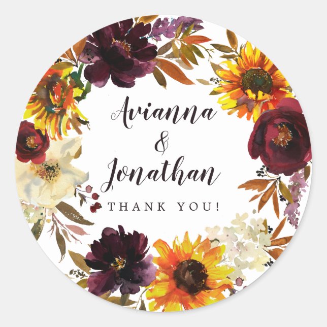 Rustic Autumn Floral Wedding Thank You Favour Classic Round Sticker (Front)