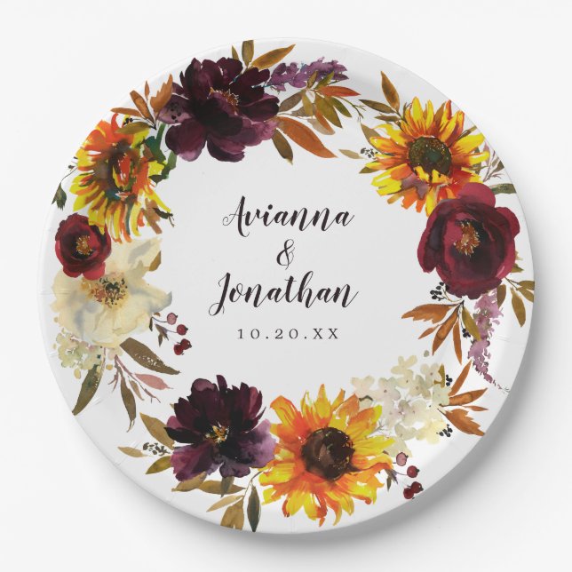 Rustic Autumn Floral Wedding Thank You Paper Plate (Front)