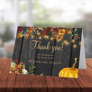 Rustic autumn floral wood script bridal shower thank you card