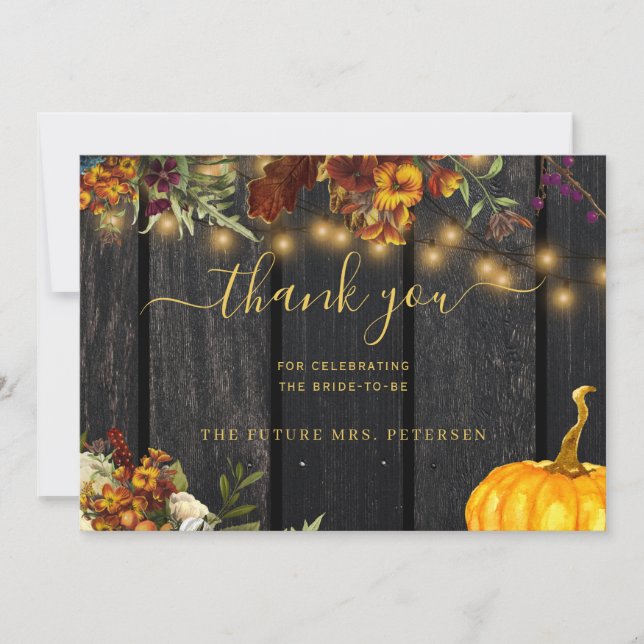 Rustic autumn floral wood script bridal shower thank you card (Front)