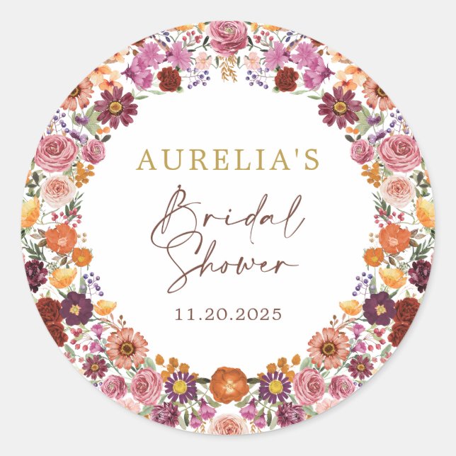 Rustic Autumn Floral Wreath Bridal Shower Classic Round Sticker (Front)